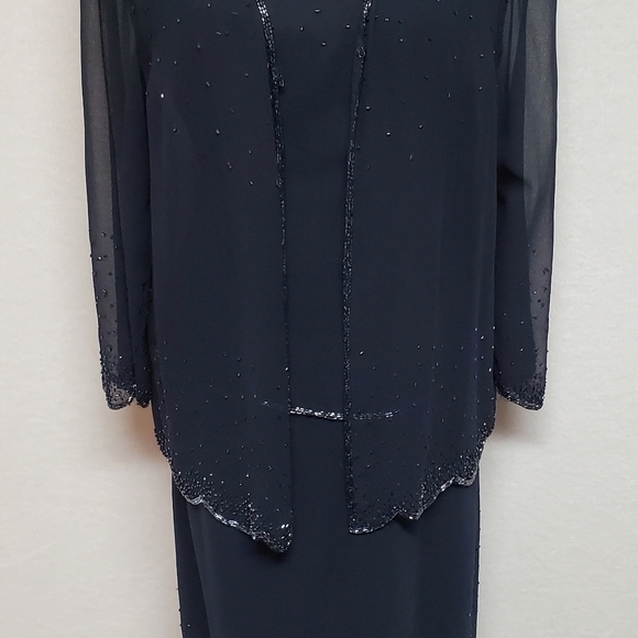 Vintage J Kara Navy Blue Chiffon Beaded Scalloped Maxi Dress Jacket Set 16 - Picture 6 of 16
